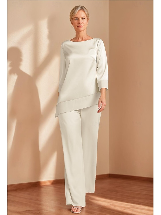  Overall  Hosenanzug Brautmutter Elegant Einfach Minimalistisch Boot-Ausschnitt Bodenlänglich Satin 3/4 Länge Ärmel Wrap enthalten mit Einfarbig 2025
