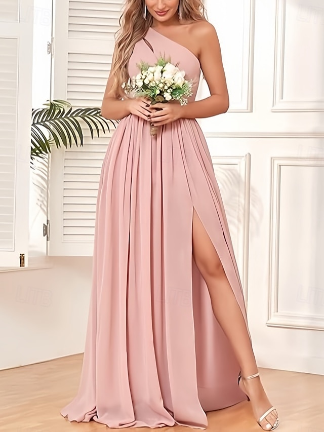  vestido de dama de honra em corte A, um ombro, sem mangas, elegante, longo, chiffon, com pregas / frente aberta / franzido 2025