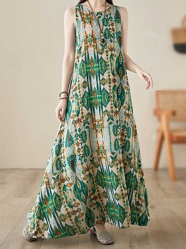  Women's Maxi Dress Cotton Linen Dresses Casual Dress Boho Chic Dresses Tank Dress Bohemia Casual Boho Vacation Daily Beach Loose Fit Geometric Sleeveless Crew Neck Green Summer