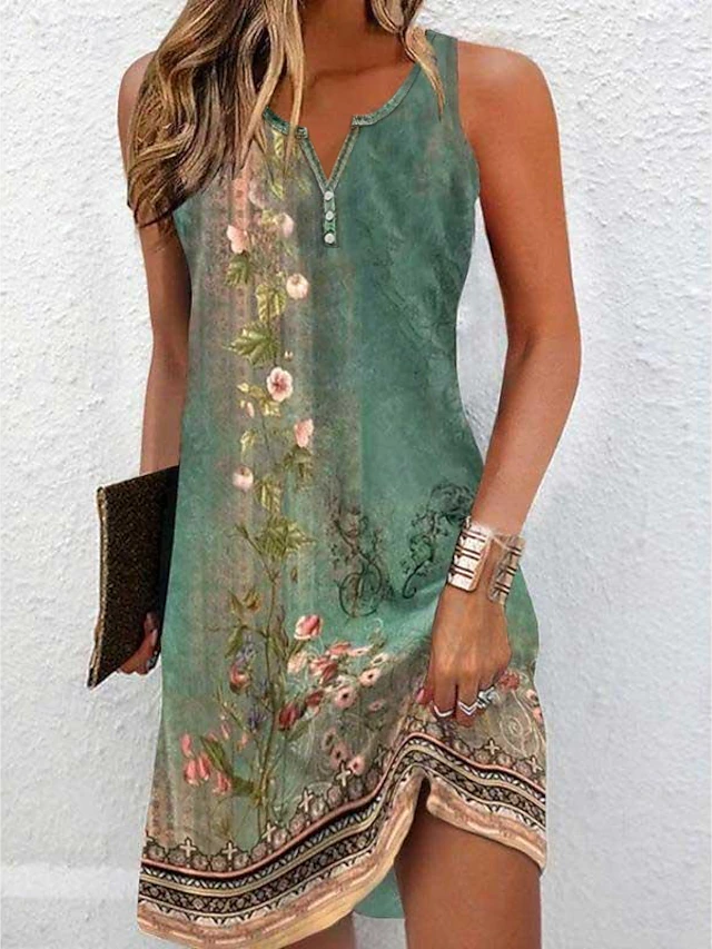 Women's Mini Dress Petite Dress T Shirt Dress Tee Dress Sundress A Line Dress Active Fashion Streetwear Outdoor Vacation Street Loose Fit Floral Sleeveless V Neck Orange Green Dark Gray 10