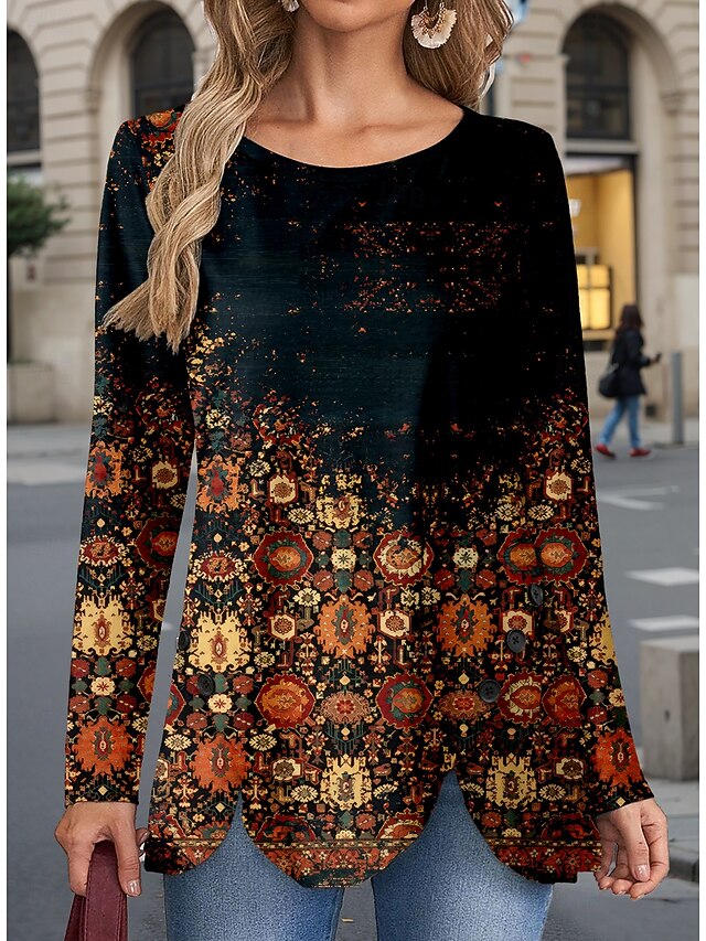 Women's T Shirt Tribal Vintage Casual Long Sleeve Crew Neck Regular Tops Daily Buttons Print Asymmetrical Brown Spring Fall4