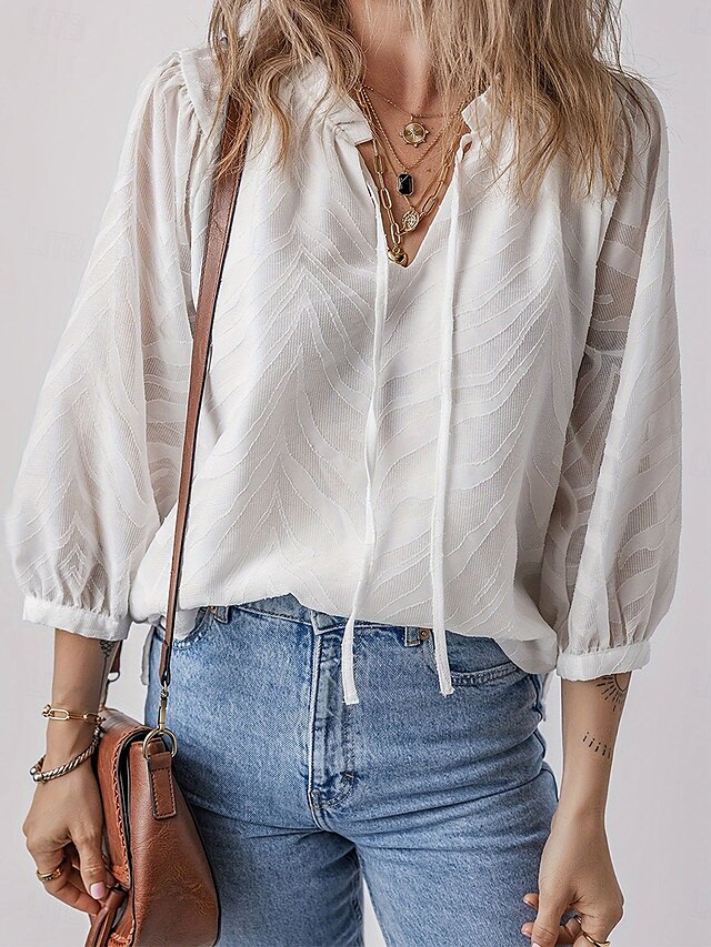  Per donna Camicia Blusa Liscio Moda Informale Manica lunga A V Top regolari Giornaliero Collage Bianco Primavera Autunno