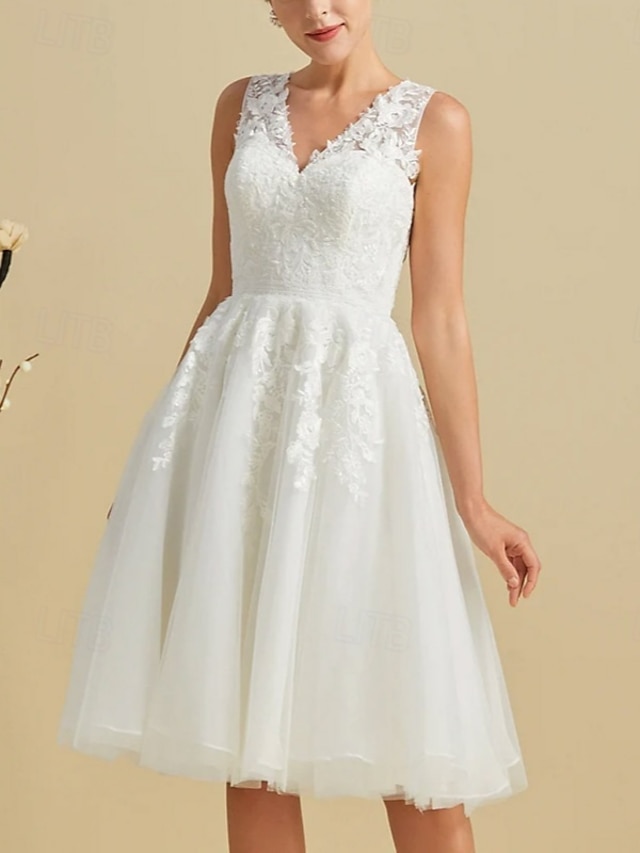 Engagement Little Graduation White Dresses Wedding Dresses A-Line V Neck Sleeveless Knee Length Satin Bridal Gowns With Appliques 2025