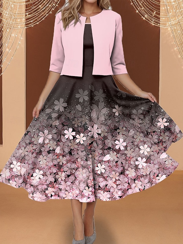  Kvinnenes Maxi Kjole To Delers Kjole Sett Print Kjole Elegant Blomsterprint Halv Ermer Crew Neck Daglig Rosa Vår Høst Regulær Passform