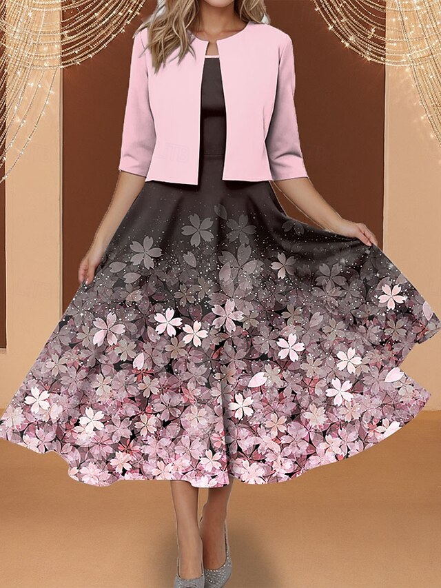 Women's Two Piece Dress Sets Midi Dress with Jacket Elegant A Line Dress Half Sleeve Print Dress Floral Print Crew Neck Daily Pink Spring Fall Regular Fit4