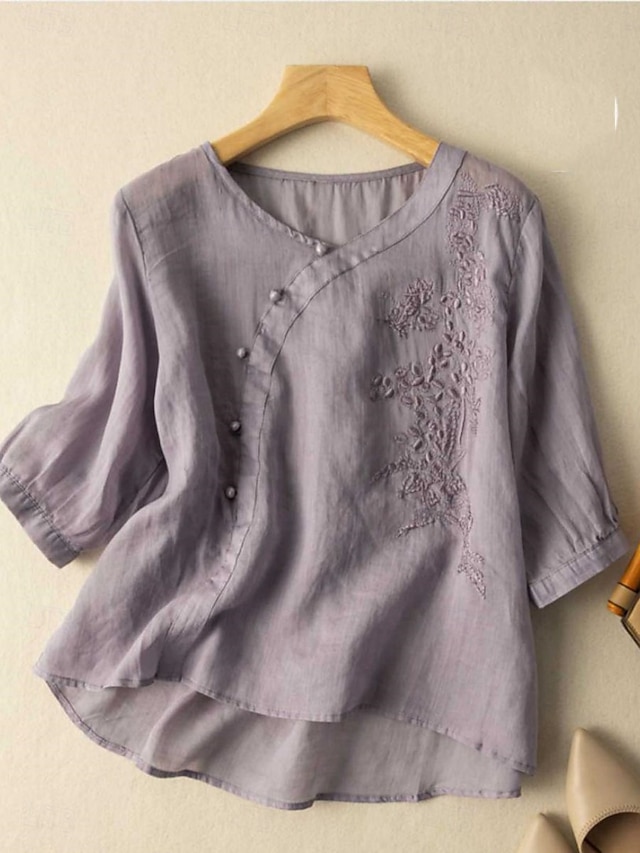  Dame Skjorte Bluse Skjorter i bomullslin Helfarge Stilfull Fritid 3/4 ermer Crew-hals Vanlige topper Daglig Broderi Knapper Gul Rød Lilla Grønn Sommer Vår