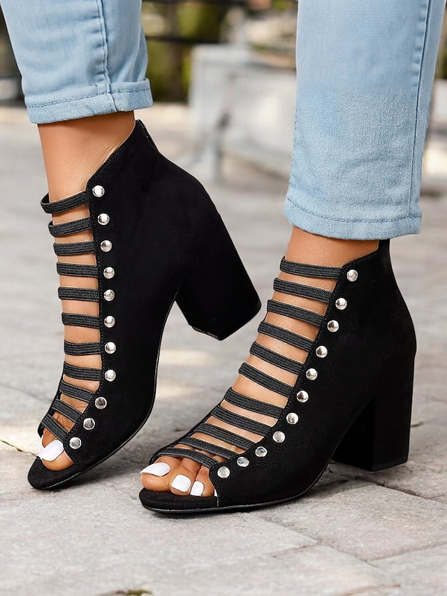  γυναικεία μαύρα πέδιλα με λουράκια με τακούνι με λεπτομέρειες με καρφιά – μοντέρνο σχέδιο peep-toe για ρούχα γραφείου και πάρτι