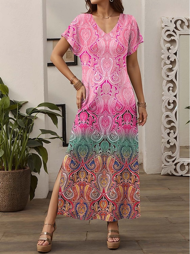  Damen Maxi Kleid Freizeitkleid Strandkleid Shift Kleid Stilvoll Freizeit Drop Schulter Urlaub Alltag Reguläre Passform Farbverlauf Kurzarm V-Ausschnitt Pink Blau Lila Grün Frühling Herbst