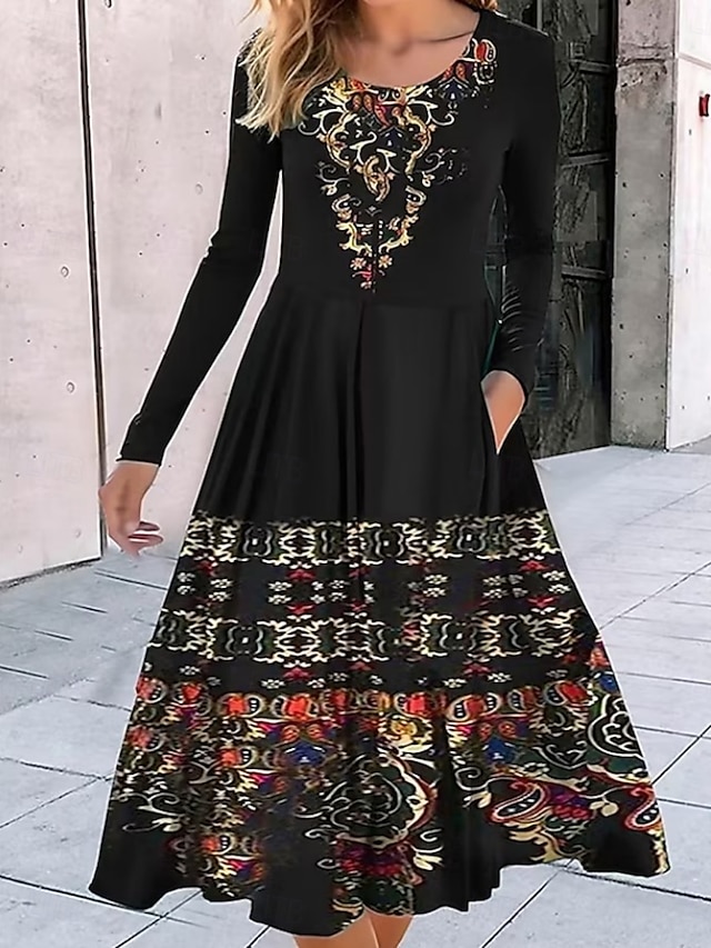 Women's Midi Dress Casual Dress Swing Dress A Line Dress Boho Dress Vintage Ethnic Casual Vacation Daily Regular Fit Floral Long Sleeve Crew Neck Black Summer