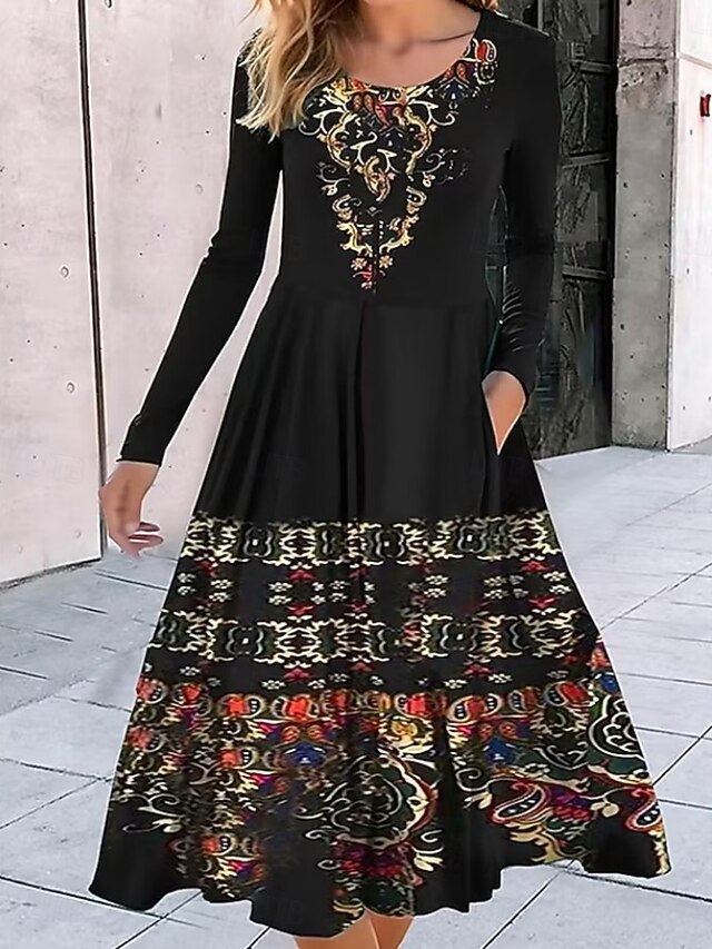 Women's Midi Dress Casual Dress Swing Dress A Line Dress Boho Dress Vintage Ethnic Casual Vacation Daily Regular Fit Floral Long Sleeve Crew Neck Black Summer4