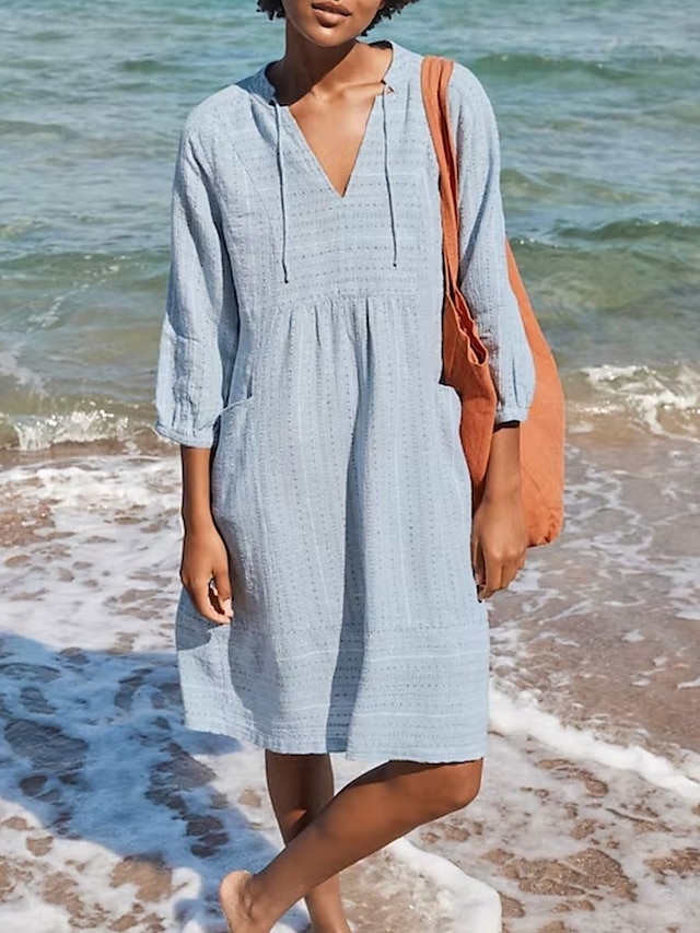  Femmes Robe Midi Robes en coton et lin Robe Décontractée Basique Occasionnel Vacances Quotidien Coupe régulière Uni Manche 3/4 Col en V Noir Blanche Vert Claire Bleu clair Été