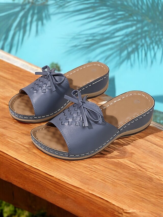  Women's Brown Open-Toe Slide Sandals with Woven Pattern and Bow Detail - Comfortable Casual Footwear for Summer and Daily Wear