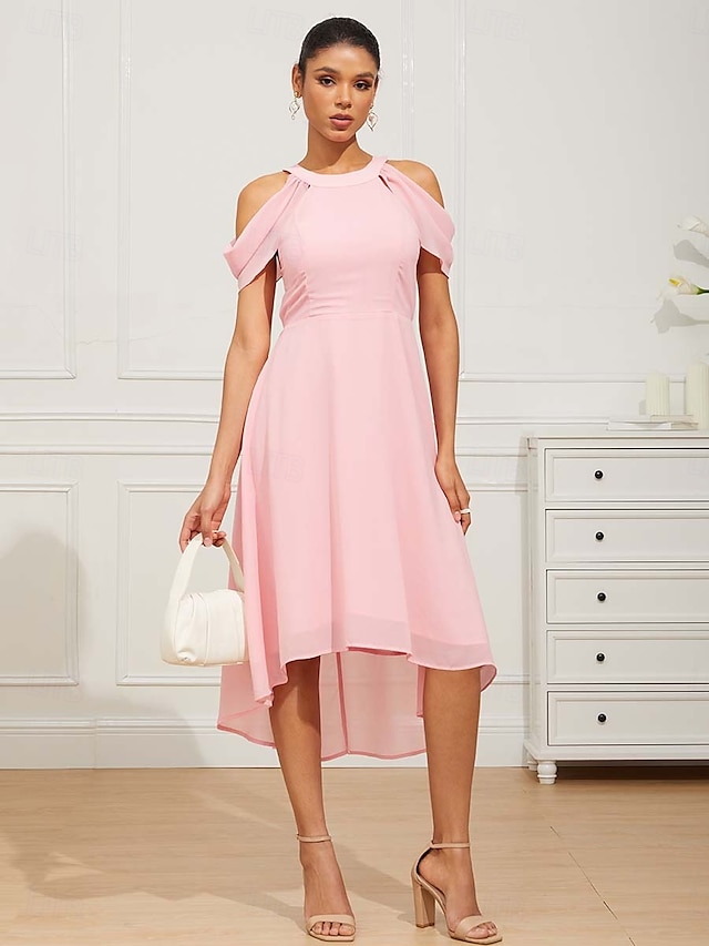  Dames Halflange jurk Chiffon jurk Elegant Formeel Flutter mouw Bruiloft gast Cocktailparty Normale pasvorm 3/4 mouw Halternek Blozend Roze Zomer Lente
