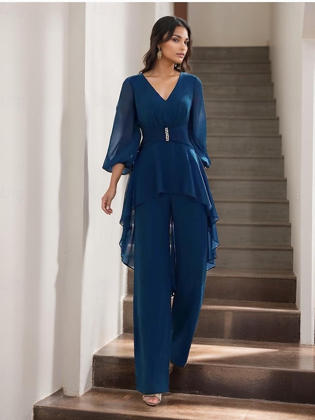  Jumpsuit / Pantsuit Mother of the Bride  Formal Wedding Guest Elegant Simple V Neck Floor Length Chiffon 3/4 Length Sleeve Wrap Included with Solid Color 2025