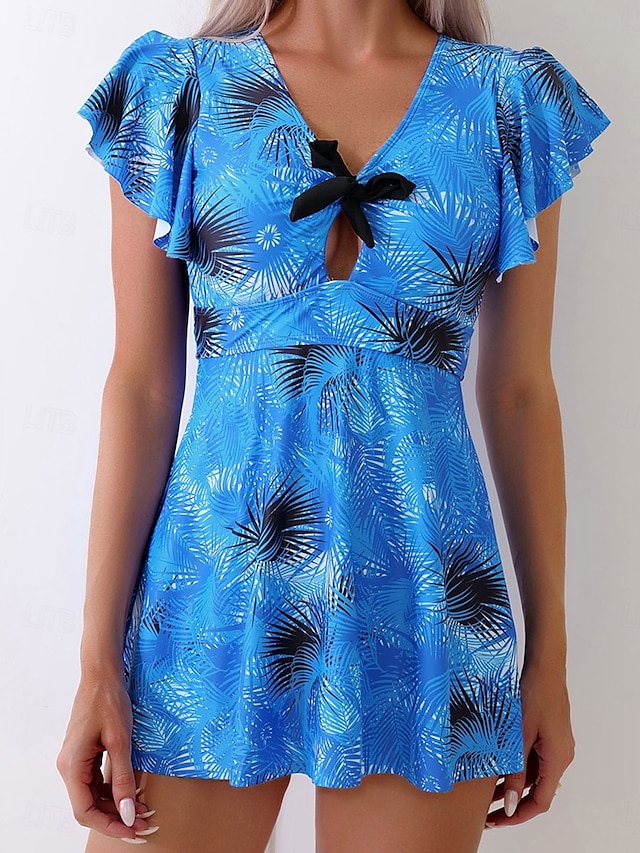  Damen Bademode Schwimmdresses 2-teilig Cheeky Tankini Badeanzug Bauchkontrolle hohe Taille schlank Urlaub Strandbekleidung grafischer V-Ausschnitt ärmellose Badeanzüge