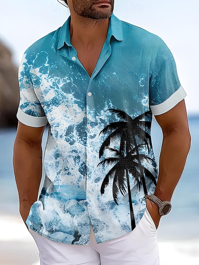  Herr Kokosnötsträd Hav Hawaii skjorta Aloha skjorta Kortärmad Hawaiisk Strandstil Semester Strand Sommar Vår Nedvikt Knappen uppåt Blå 1# Blå