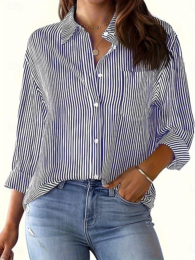  Women's Shirt Blouse Striped Stylish Casual Long Sleeve Shirt Collar Regular Tops Daily Buttons Print Black Pink Blue Summer Spring