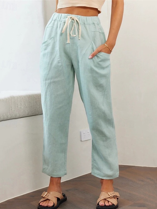  Mulheres Calças de linho de algodão Calças Leve Casual Mimolet Cintura Média Tecido Bolsos Com Cordão Respirabilidade Confortável Sem Elasticidade Casual / Diário Final de semana Azul de céu claro