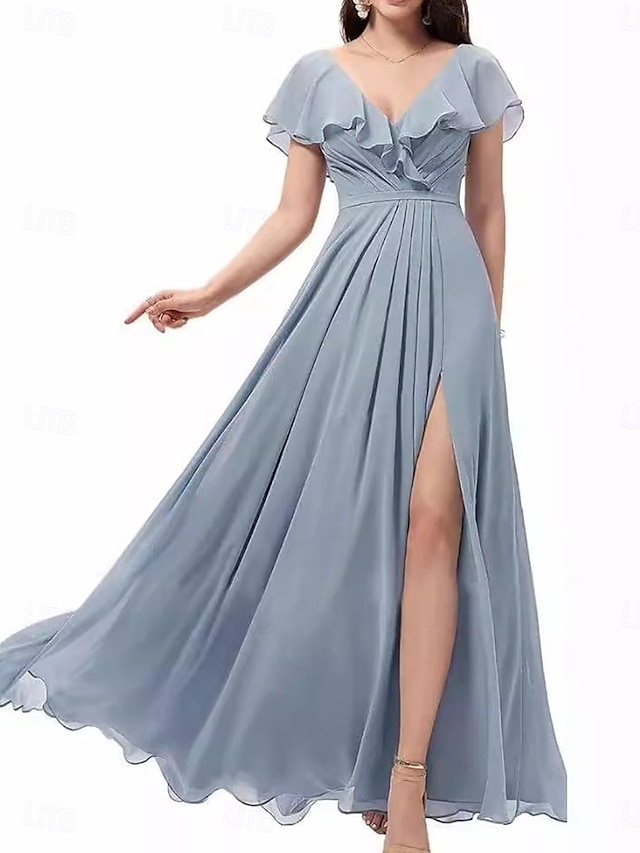  Ligne A Robe de Demoiselle d'Honneur  Col carré Sans manches Élégant Longueur au sol Nylon avec Devant Fendu 2022