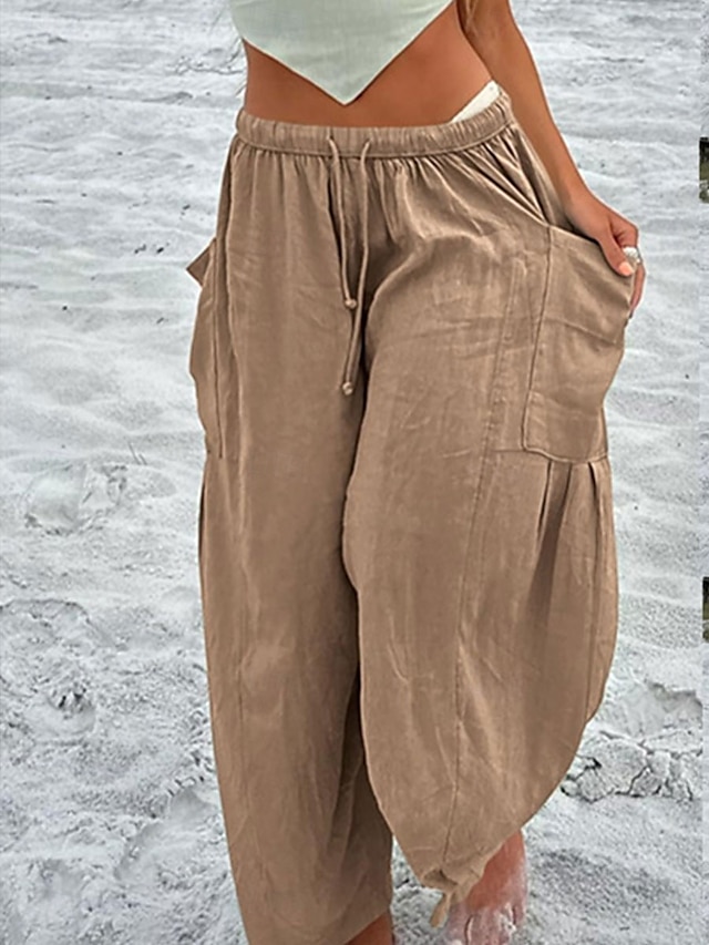  Per donna Pantaloncini in cotone e lino Pantaloni ispirati al lino Pantaloni in cotone e lino Moda Streetwear Lunghezza intera Vita Alta Semplice Tasca Fascia Elastica Comodo Morbido Confortevole
