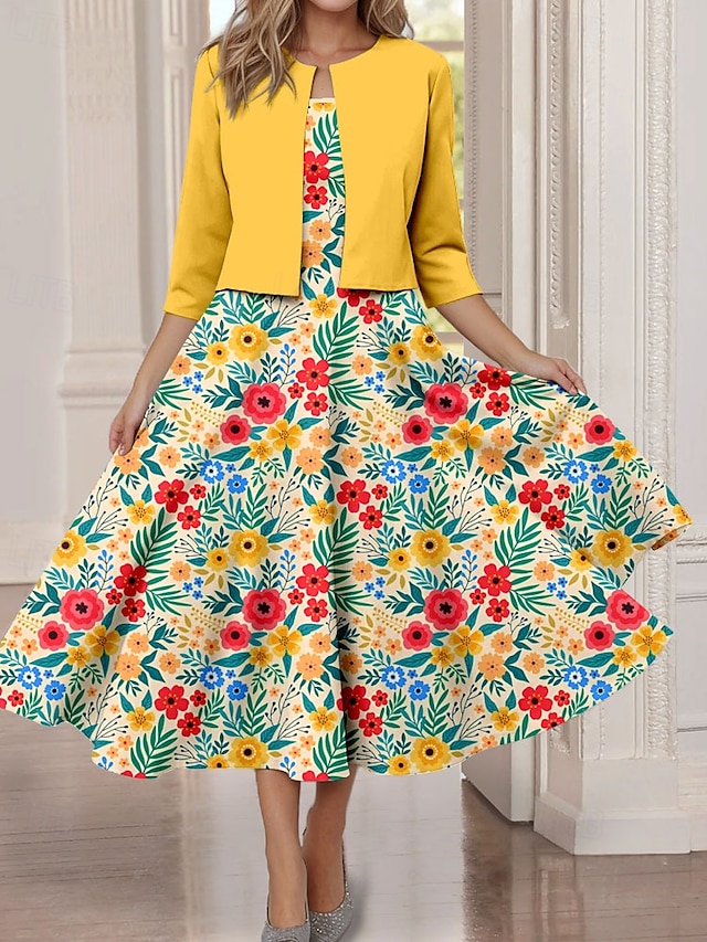  Dámské midi šaty dvoudílná souprava šatů tištěná šaty elegantní vintage květinový potisk 3/4 délka rukávu kulatý výstřih každodenní žluté jaro podzim běžný střih