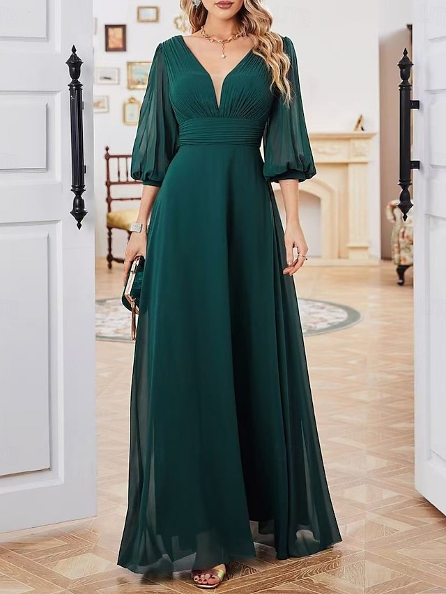  Abito da damigella d’onore A-Line scollatura a V maniche di lunghezza 3/4 elegante lunghezza pavimento in chiffon  spandex con drappeggi  arricciature  colore solido