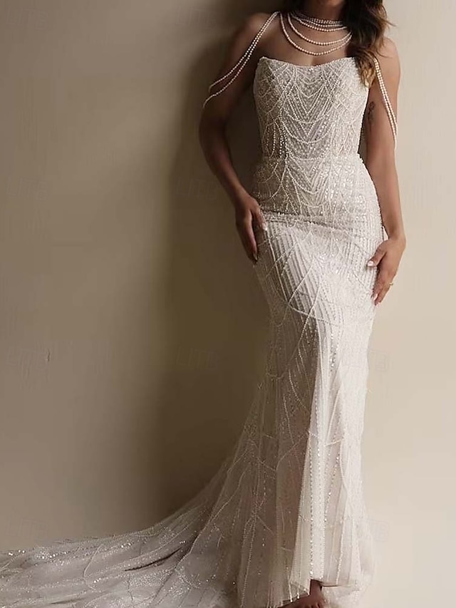  Abiti da Sposa Sirena  Tromba Scollo Quadrato Senza Maniche Strascico Corto in Tulle Completi da Sposa Abiti da Sposa con Perle e Applicazioni
