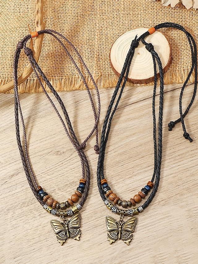  Collier en cuir avec pendentif papillon vintage – bijoux en perles réglables de style bohème pour femmes et hommes, parfait pour les tenues décontractées et festives