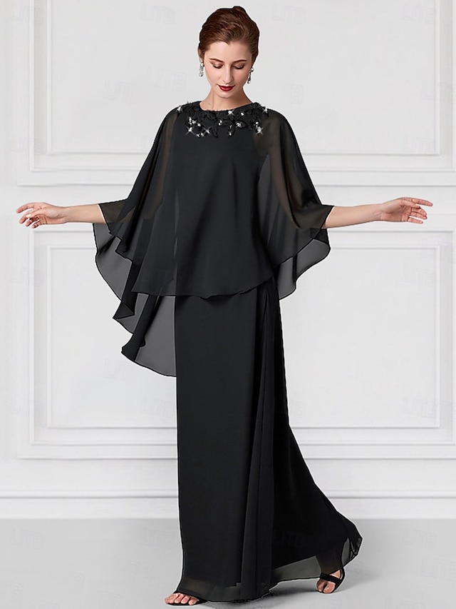  Abito per la madre della sposa blu a colonna matrimonio elegante lungo fino al pavimento in chiffon pizzo maniche corte wrap incluso con pizzo di colore solido