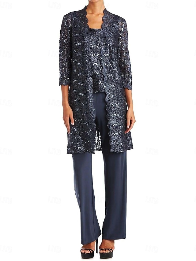  Tuta  Completo Mamma della Sposa Elegante Semplice Scollo a Gioiello Lunghezza Totale Chiffon Applicazione di Pizzo Sequins Manica 3/4 con Giacca con Bordo a Scallop Colore Unito 2025