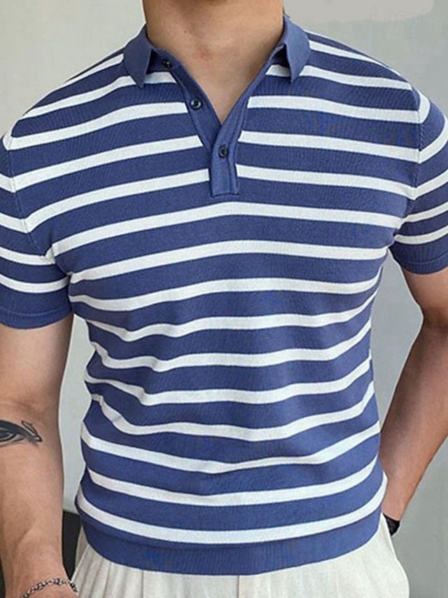  Férfi Csík Button Up Polos Rugby Polo Golfing Rövid ujjú Pólóingek Hajtóka Divat 3D mintás Modern Hétköznapi Sport Szabadság Nyár Medence