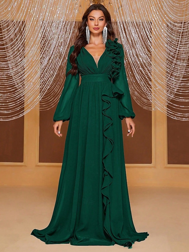  A-Line Evening Gown Elegant Dress Formal Wedding Floor Length Long Sleeve V Neck Chiffon with Ruffles Shouder Flower