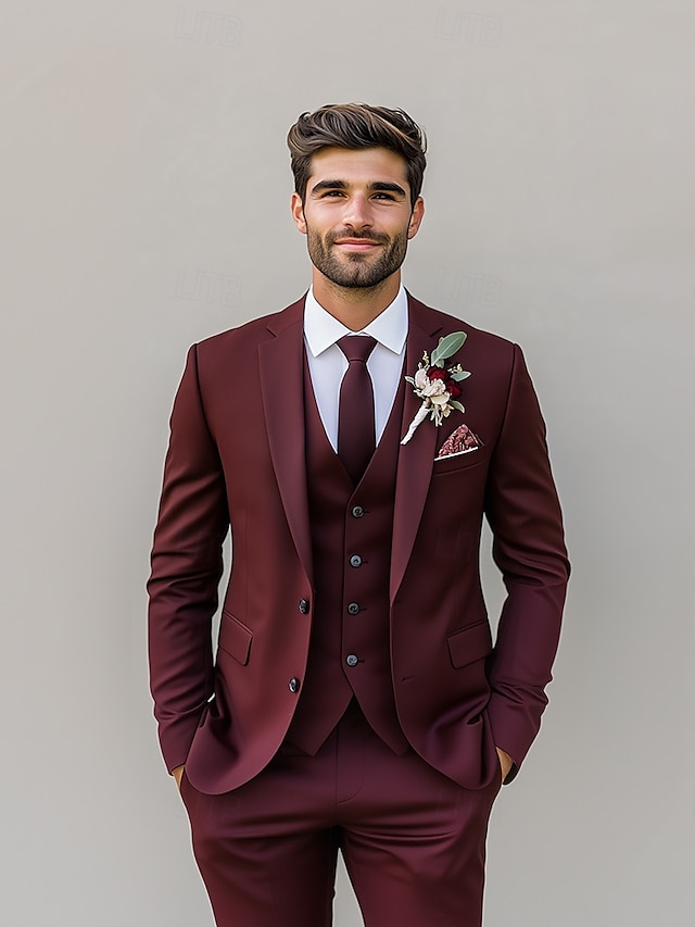  Trajes de boda para hombres negro burdeos verano color sólido estándar de 3 piezas de un solo boton