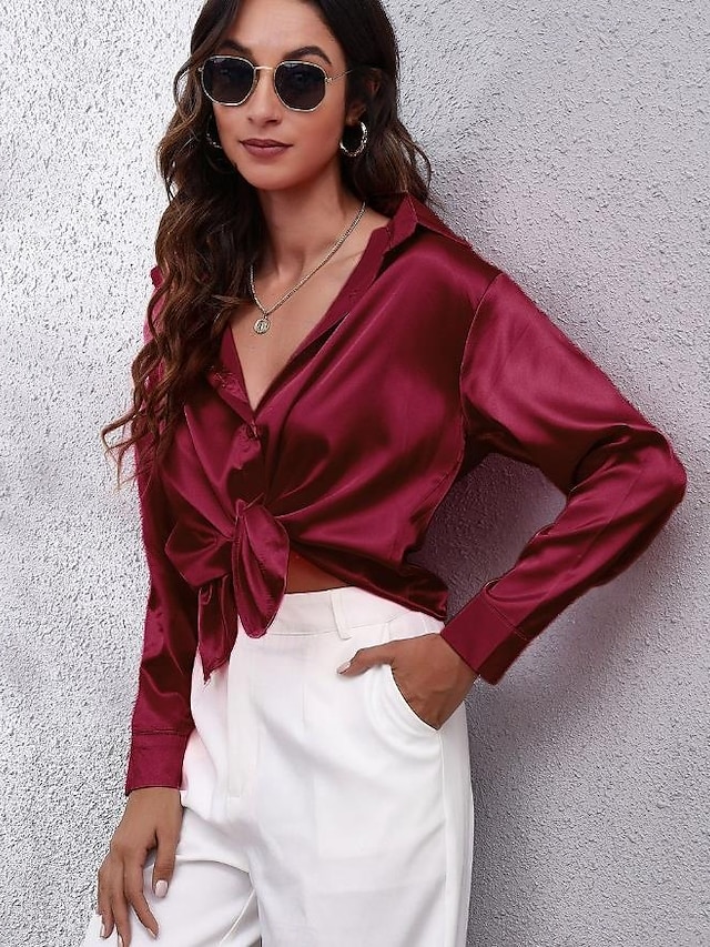  Per donna Camicia Elegant Elegante Raso/Satin Tinta unica Affari Moderno Casual Manica Lunga Colletto a Camicia Top Regolari Lavoro Abbigliamento Formale Bottoni Giallo Rosa Vino Blu Verde Estate