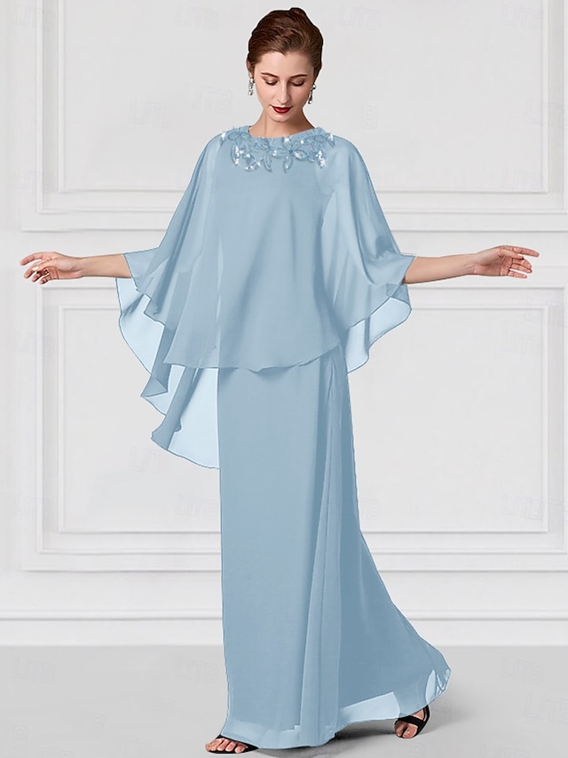  Abito per la madre della sposa blu a colonna matrimonio elegante lungo fino al pavimento in chiffon pizzo maniche corte wrap incluso con pizzo di colore solido
