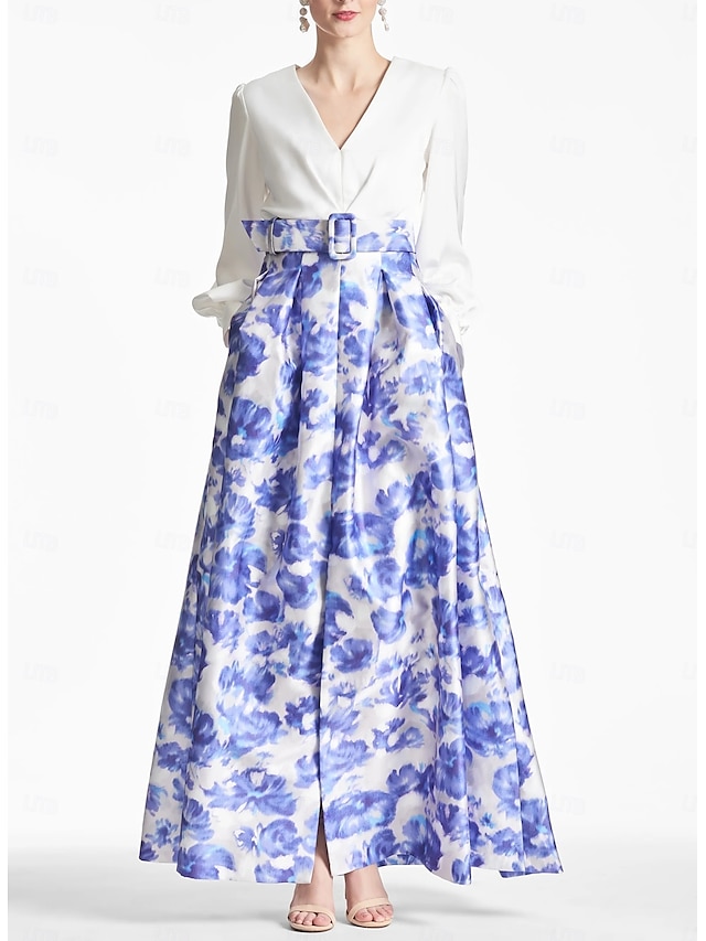  A-line Abito da Sera Abito Ad Alta Fessura Matrimonio in Spiaggia Formale Ospite di Matrimonio Lunghezza Piena Maniche Lunghe Scollo a V Cintura  Nastro Satin con Stampa Floreale Fessura Abito Derby