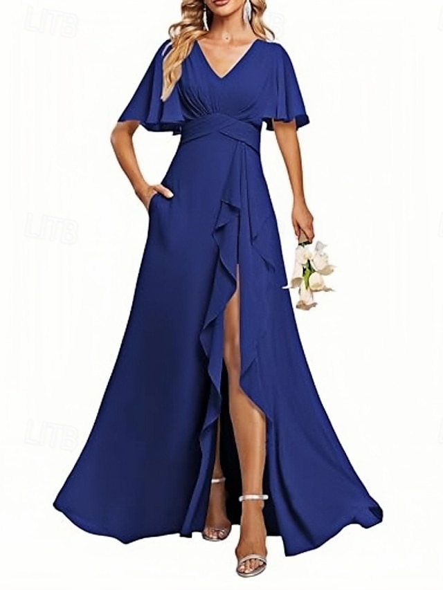  Vestido de Daminha A-Line Decote em V Manga Curta Elegante Comprimento do Chão Chiffon com Rendas  Fenda Frontal  Pregas