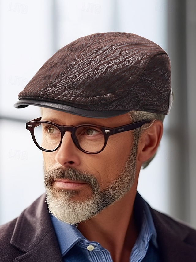  berretto da giornalaio marrone vintage con motivo strutturato e visiera in finta pelle, elegante berretto piatto da uomo, perfetto per abbigliamento casual, guida e attività all'aperto