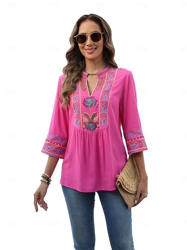  Pentru femei Cămașă Boho Boemia Zilnic Stilat Floral Simplu Topuri obișnuite Lungime Manșon 3/4 Cu Mâneci La Cot În V Brodat Potrivire Largă Muncă Zilnic Ieșire Negru Roz trandafiriu Vară