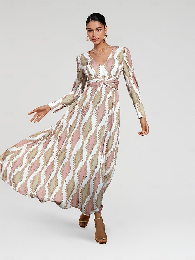  Per donna Orlo maxi Raso Maxi Vestito maxi SALMONE Bianco Manica lunga Modello di piante Fiore / Piante Pulsante pianta Primavera A V Abito volante S M L
