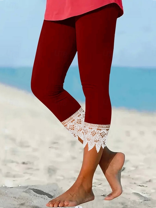  Dames Chinese Leggings Gezellige leggings Modieus Streetwear Kuitlengte Hoge taille Effen Kant Lapwerk Comfortabel Zacht Micro-elastisch Buiten Straat Zwart Wijn blauw Zomer Normale pasvorm