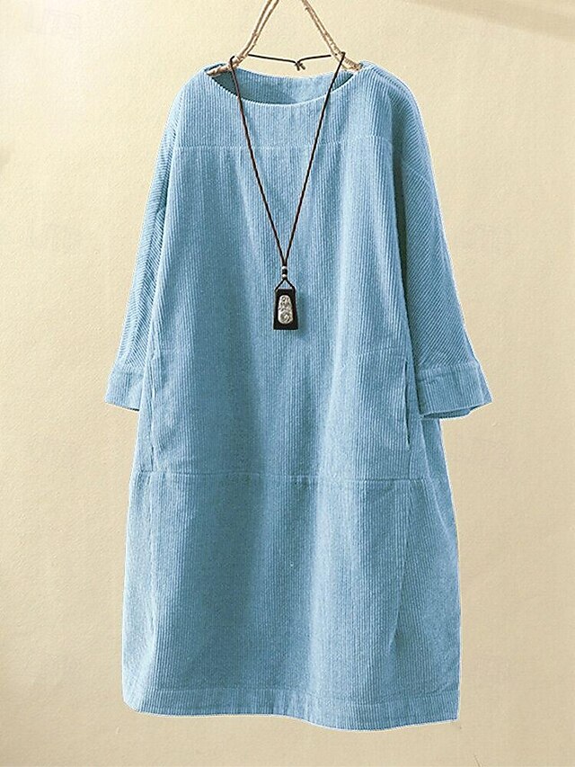  Per donna Taglie Forti Mini Abito Abiti ispirati al lino Vestito Casual Casual Quotidiano Vestibilità aderente Manica 3/4 Girocollo Nero Rosso arrugginito Rosso Blu Primavera Autunno