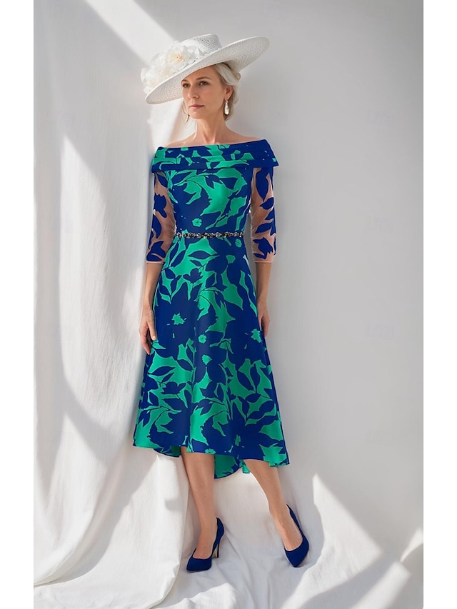  A-linjeformad klänning Brudens mor Klänning Elegant Enkel Båt hals snitt Tea-längd Satin 3/4-lång ärm med blommigt tryck Plisseringar Derbyklänning Raceday Klänning Bröllopsgästklänning 2025