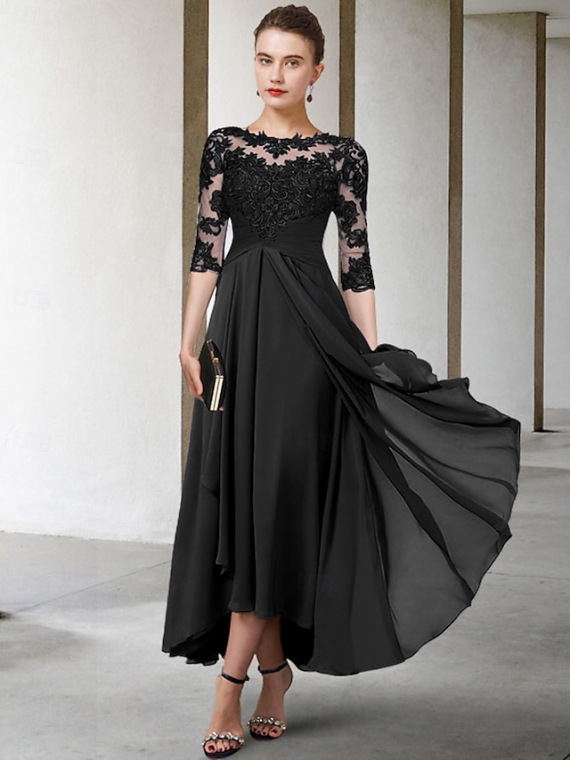 A-Line Mother of the Bride Dress Wedding Guest Elegant High Low Jewel Neck Tea Length Satin Short Sleeve with Sash / Ribbon main image 1