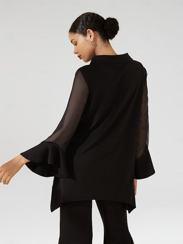 camicetta nera da donna con collo alto, in chiffon, modal, patchwork, polsini svasati, vestibilità slim, elastica, elegante, casual, da ufficio