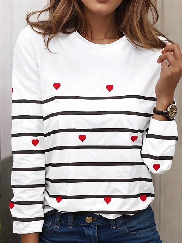 Women's T shirt Crew Neck Long Sleeve Tunic Heart Striped Casual  Regular Tops Daily Print White Spring Fall4