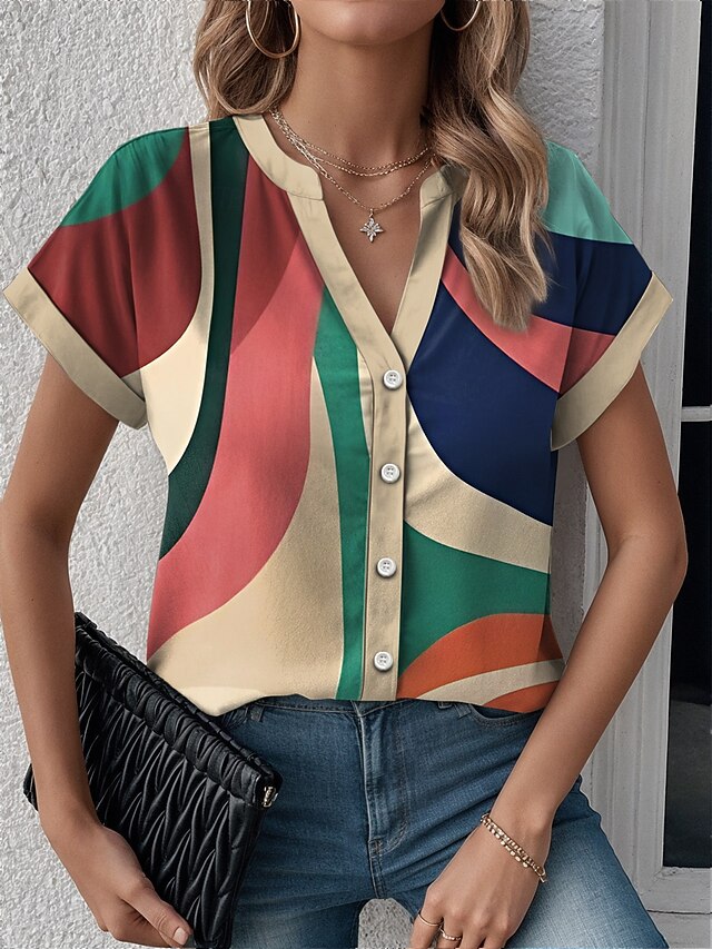 Women's Shirt V Neck Button Down Blouse Geometric Color Block Modern Casual Short Sleeve Notched Neck Regular Tops Work Daily Buttons Print Yellow Summer Spring3