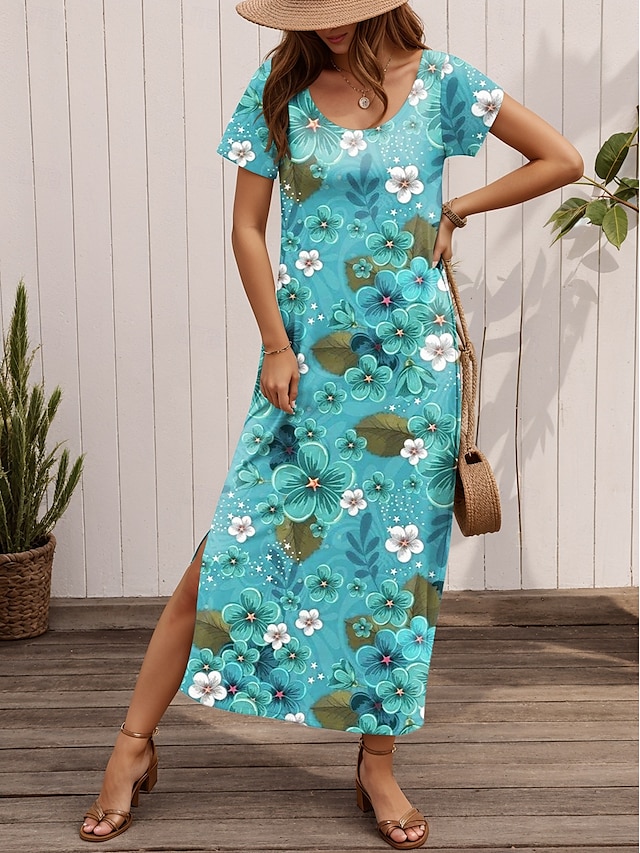  Sukienka maxi damska Sukienka codzienna Sukienka plażowa Sukienka Shift Stylowa Casual Wczasy codzienne Regular Fit Kwiatowa Krótki rękaw Okrągły dekolt Zielona Wiosna Jesień