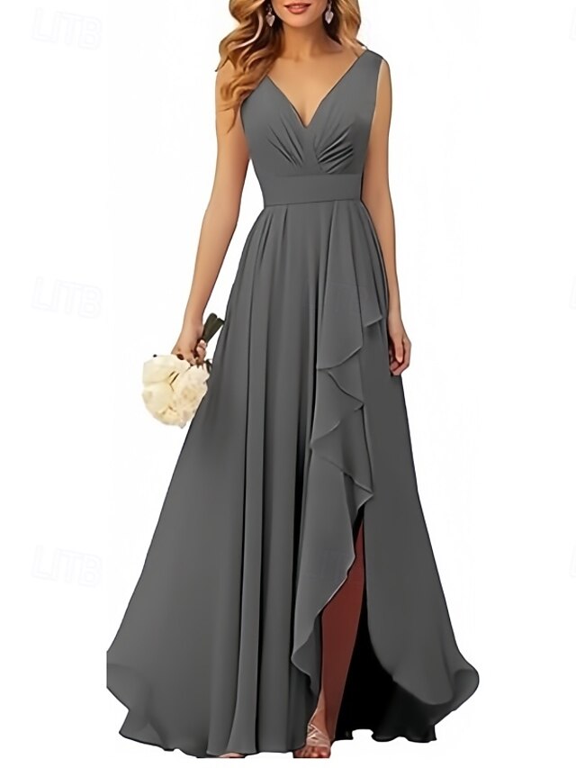 A-Line V-Neck Sleeveless Floor-Length Bridesmaid Dresses with Ruffle main image 1