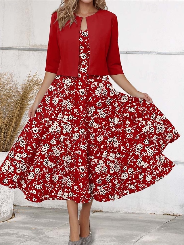 Robe Midi Femme Robe Décontractée Robe en Chiffon Robe Évasée Élégante Rendez-vous Coupe Régulière Fleurie Manches Mi-longues Col V Rouge Printemps